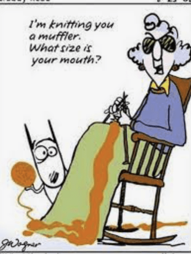 a cartoon of an elderly woman knitting a muffler