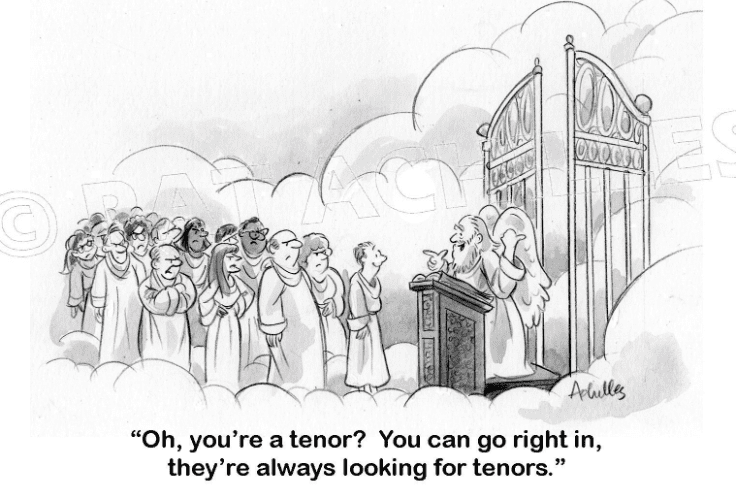 a cartoon of audition for choir in heaven