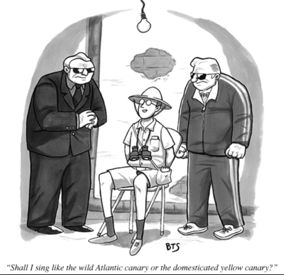 a cartoon of a tourist being interrogated by two big men
