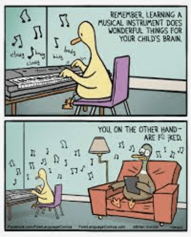 a comic strip of a baby duck playing the piano