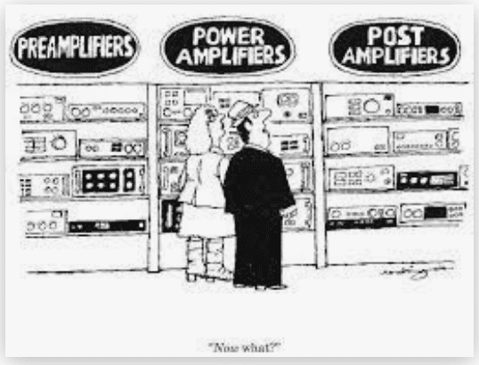 a cartoon of a couple looking at amplifiers