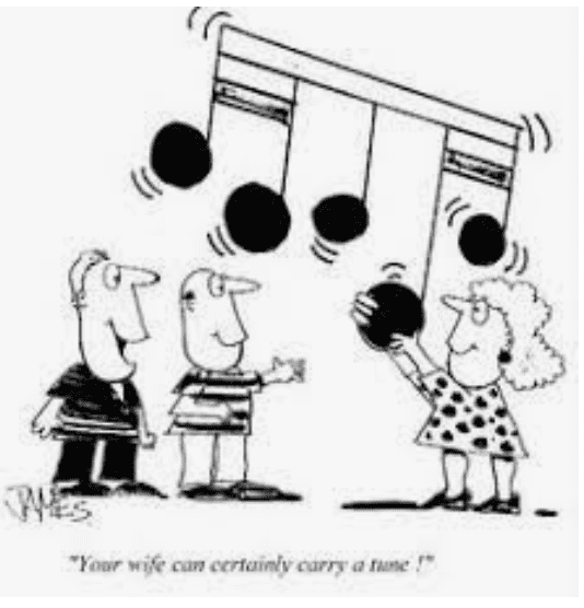 a cartoon illustration of three people holding a musical note